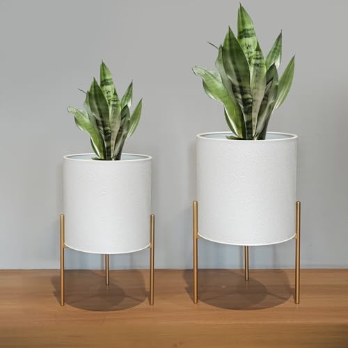 ARNIS Modern Planter Pots, Large Planters with Stand, Set of 2 Metal Planters for Indoor Plants with Drainage Holes for Living Room, Office, Garden or Balcony (White, 10.5 &12.25 Inch)